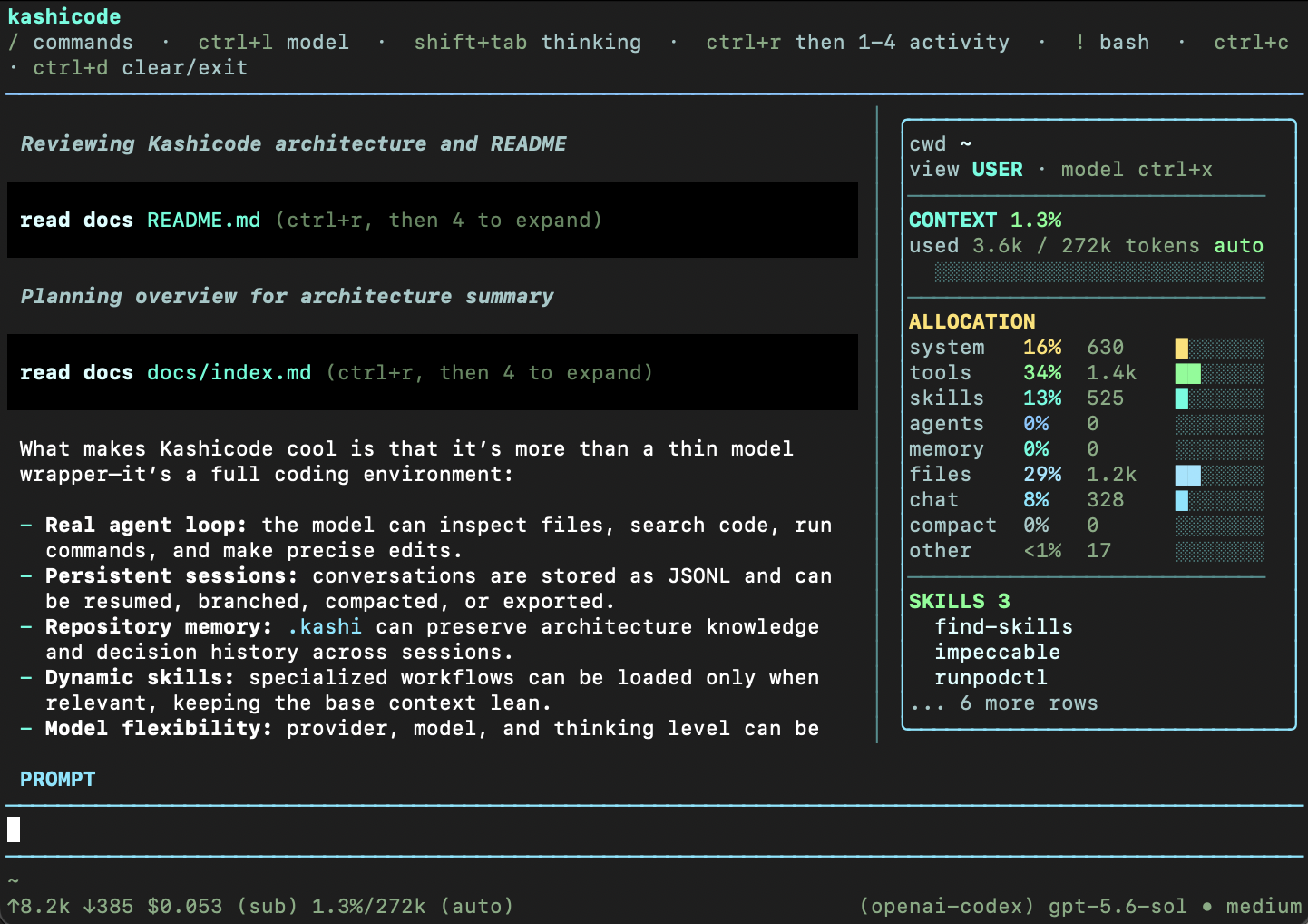 kashicode terminal showing dynamic context allocation