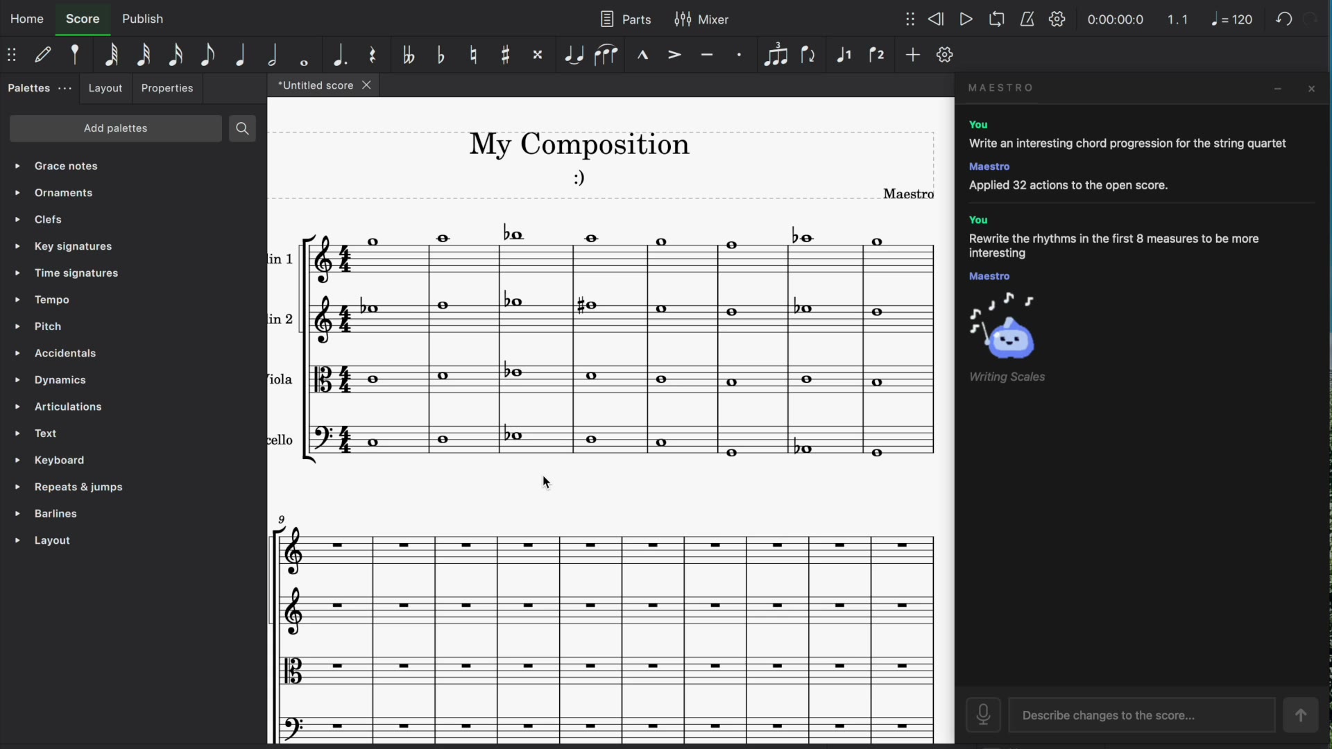 Maestro editing a string quartet in MuseScore